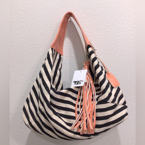 POVERTY FLATS by rian Handbags - Poverty Flats Black/Ivory Canvas Striped Hobo Shoulder Bag